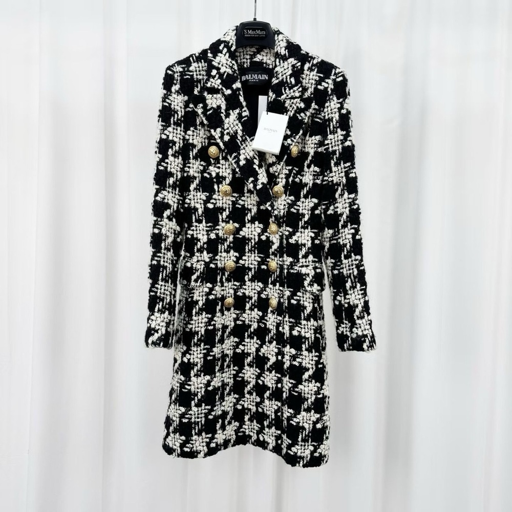 Authentic Balmain Monochrome Tweed Coat with Gold Buttons